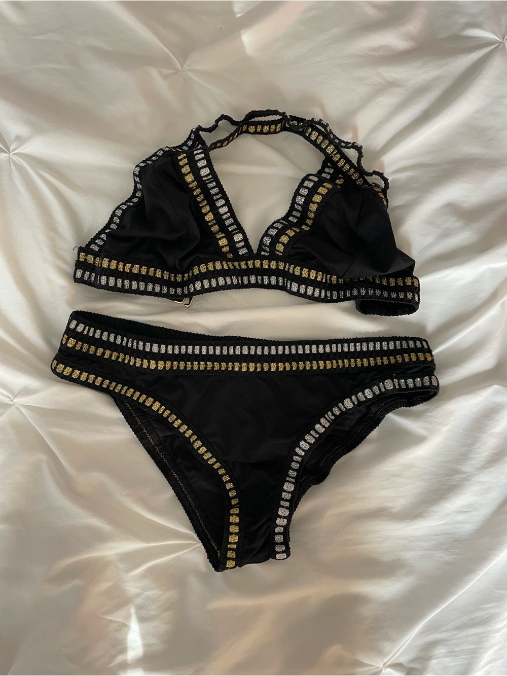Black Embellished Lace-Trim Bikini Set